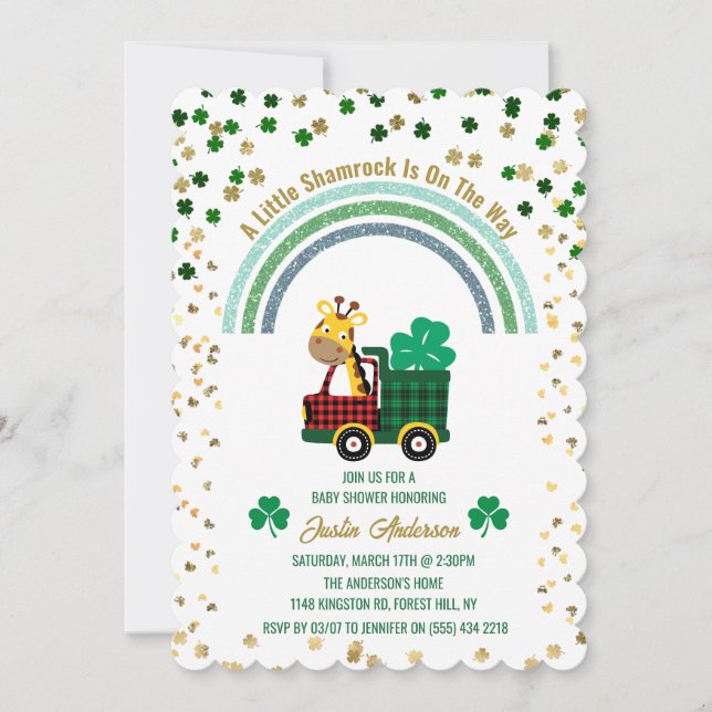 Giraffe Gold Leprechaun Clover Rainbow Baby Shower Invitation (Front)