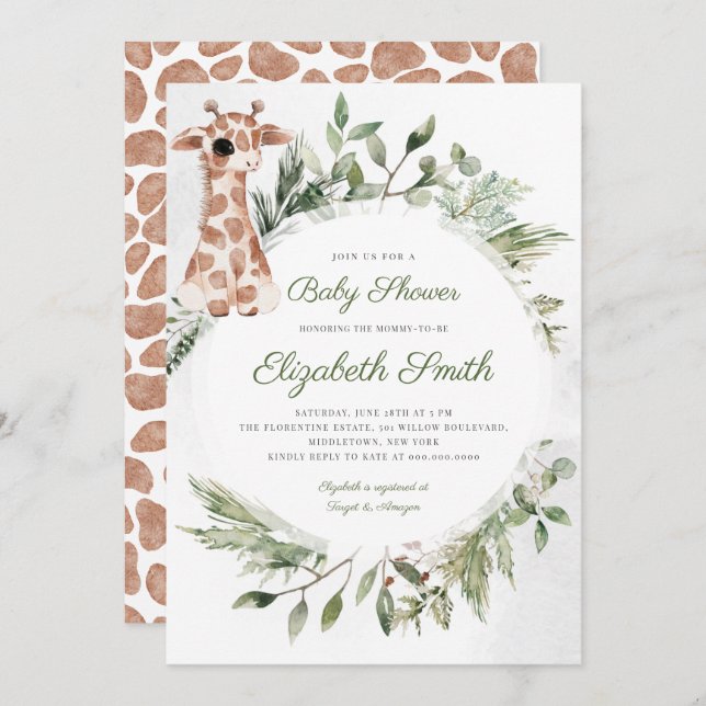 Giraffe Greenery Gender Neutral Animal Baby Shower Invitation (Front/Back)