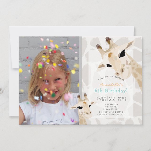 Giraffe Greige Watercolor Kids Photo Birthday Invitation (Front)