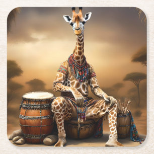 Giraffe Grooves: A Bongo Serenade in the Savanna, Square Paper Coaster