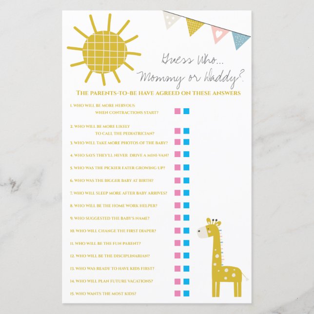 Giraffe Guess Who, Mummy or Daddy Baby Shower Game (Front)
