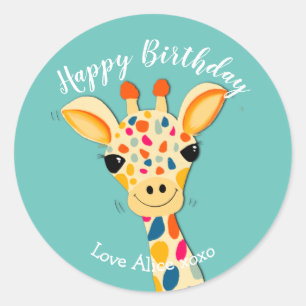 giraffe happy birthday bouquet gift wrapping classic round sticker