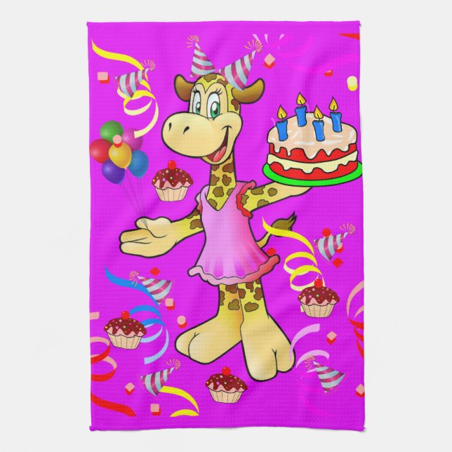 Giraffe Happy Birthday Kitchen Hand Towel (Vertical)