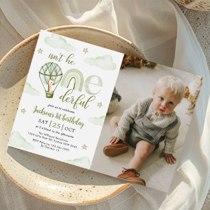Giraffe Hot Air Balloon Green 1st Birthday Photo Invitation