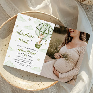 Giraffe Hot Air Balloon Green Baby Shower Photo Invitation