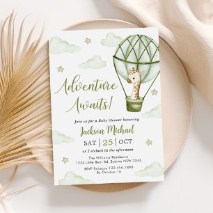 Giraffe Hot Air Balloon Green Boy Baby Shower Invitation