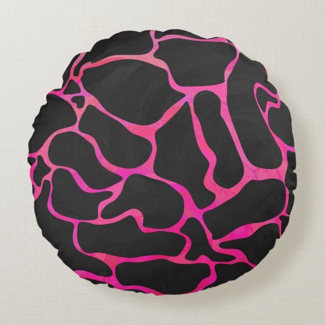 Giraffe Hot Pink and Black Print Round Cushion (Front)