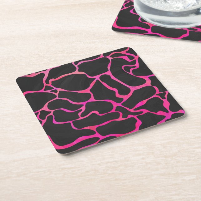 Giraffe Hot Pink and Black Print Square Paper Coaster (Angled)