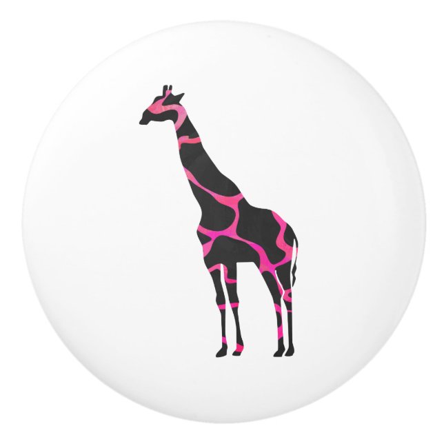 Giraffe Hot Pink and Black Silhouette Ceramic Knob (Front)
