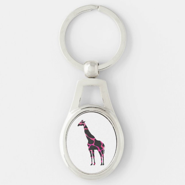 Giraffe Hot Pink and Black Silhouette Key Ring (Front)