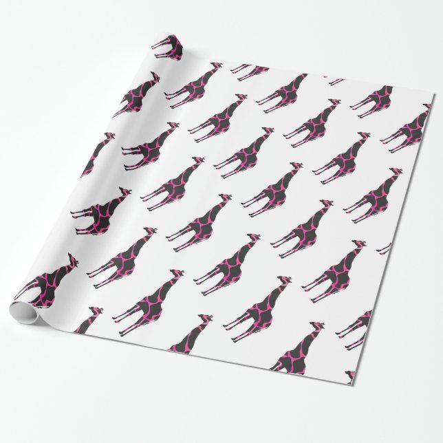 Giraffe Hot Pink and Black Silhouette Wrapping Paper (Unrolled)