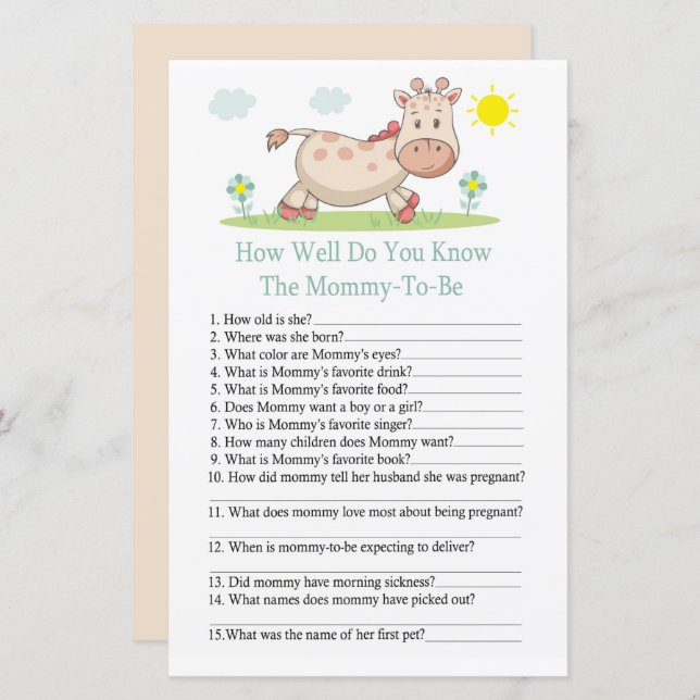 Giraffe How well do you know baby shower game (Front/Back)