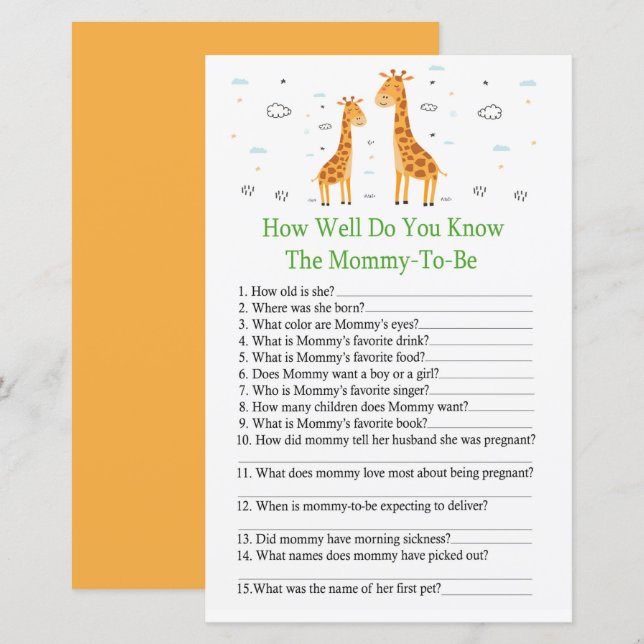 Giraffe How well do you know baby shower game (Front/Back)