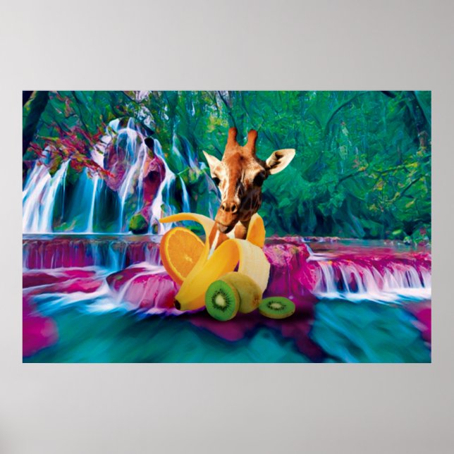 Giraffe in a Banana with orange and Kiwi Fruits Poster (Front)