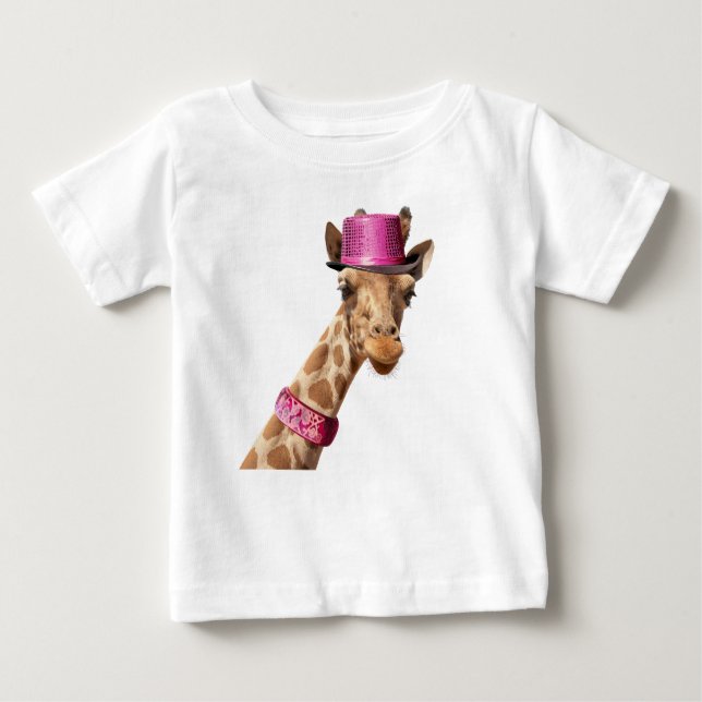 Giraffe in a pink shiny hat baby T-Shirt (Front)