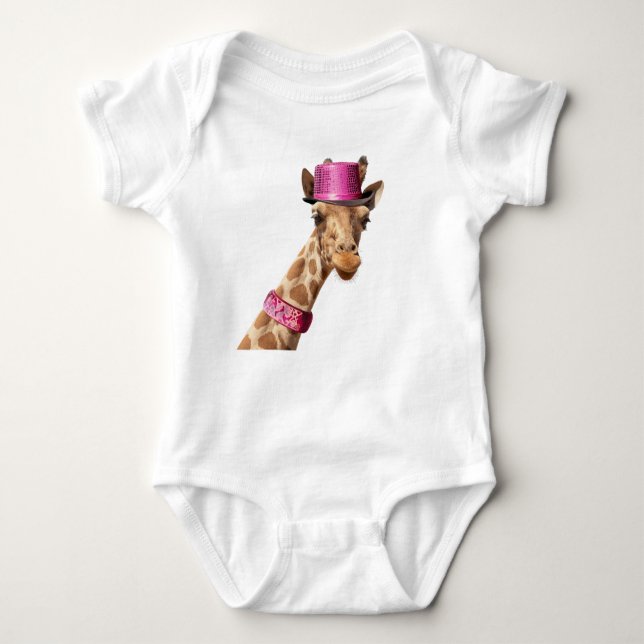 Giraffe in a shiny pink hat baby bodysuit (Front)