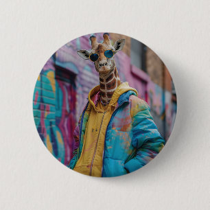 Giraffe in a streetwear with sunglasses 6 cm round badge