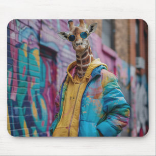 Giraffe in a streetwear with sunglasses mouse pad