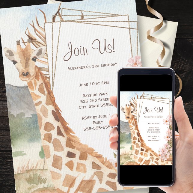 Giraffe in African Savannah Birthday Party Invitation (Available in physical and digital formats!)
