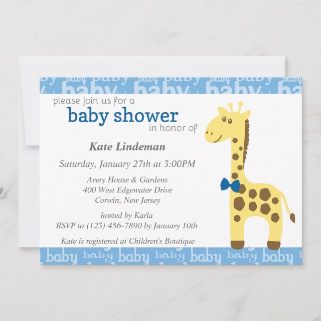 Giraffe in Blue Bow Baby Shower for Boy Invitation (Front)