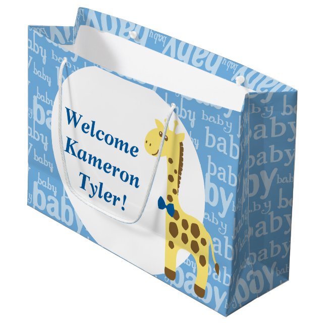 Giraffe in Blue Bow Baby Shower for Boy Large Gift Bag (Front Angled)