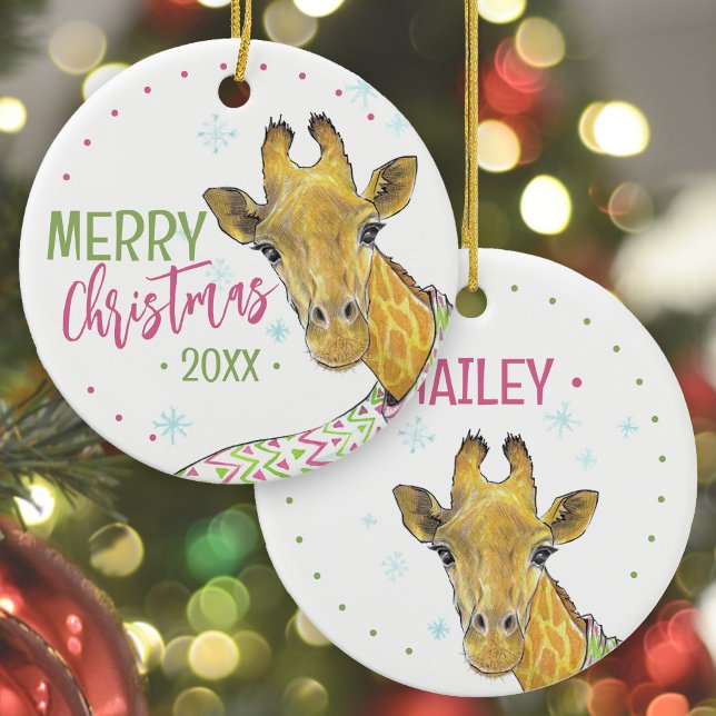 Giraffe in Christmas scarf Cute winter Animal art Ceramic Ornament (Front and back in-situ)