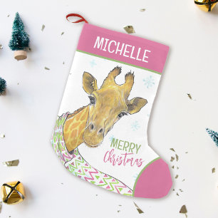 Giraffe in Christmas scarf Cute winter Animal art Small Christmas Stocking