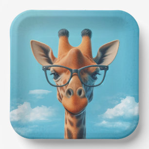 Giraffe In Clouds Wearing Eyeglasses Paper Plate