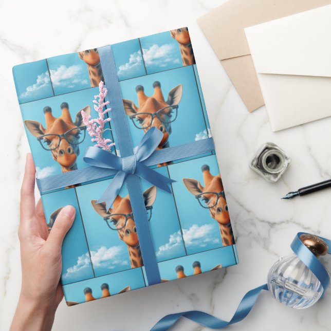 Giraffe In Clouds Wearing Eyeglasses Wrapping Paper (Gifting)