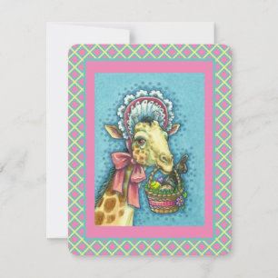 GIRAFFE IN CUTE EASTER BONNET, EGG BASKET Flat Holiday Card