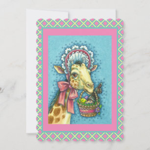 GIRAFFE IN CUTE EASTER BONNET, EGG BASKET Flat Holiday Card