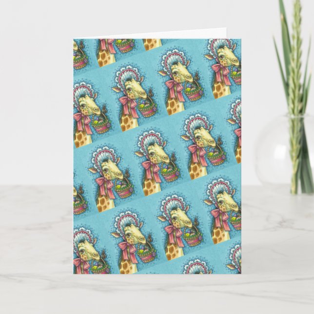 GIRAFFE IN CUTE SPRING EASTER BONNET, EGG BASKET HOLIDAY CARD (Front)