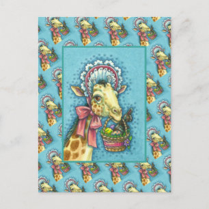GIRAFFE IN CUTE SPRING EASTER BONNET, EGG BASKET HOLIDAY POSTCARD