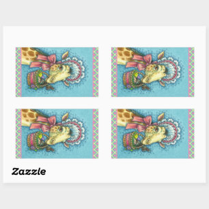 GIRAFFE IN CUTE SPRING EASTER BONNET, EGG BASKET RECTANGULAR STICKER