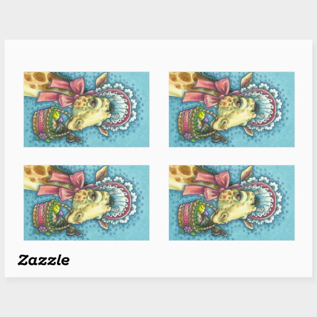 GIRAFFE IN CUTE SPRING EASTER BONNET, EGG BASKET RECTANGULAR STICKER (Sheet)
