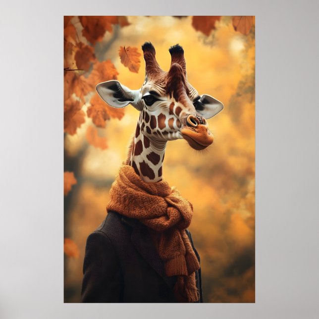 Giraffe in Fall Clothes Art Print, Autumn Poster (Front)