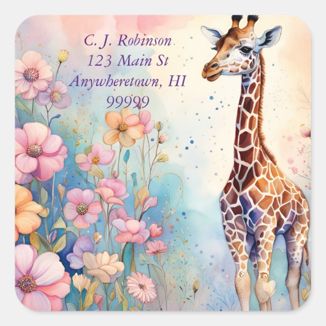 Giraffe In Pastel Garden Address  Square Sticker (Front)