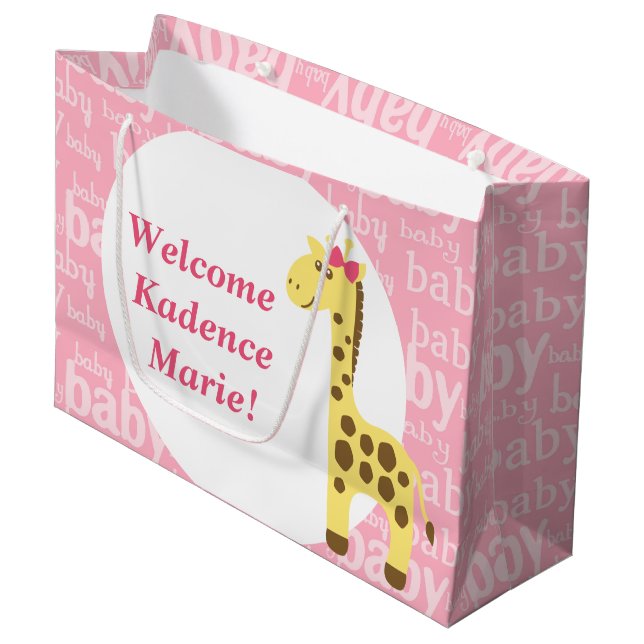 Giraffe in Pink Bow Baby Shower for Girl Large Gift Bag (Front Angled)
