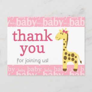 Giraffe in Pink Bow Baby Shower for Girl Thank You Postcard