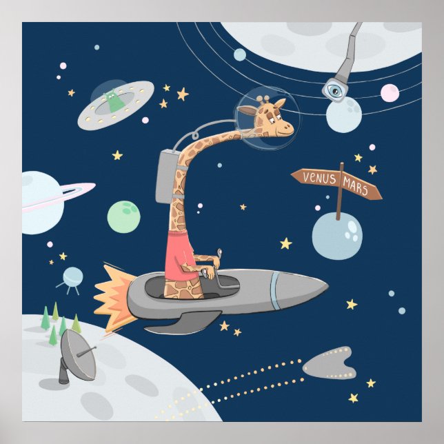 Giraffe in space. Planets. Animal kids nursery Poster (Front)