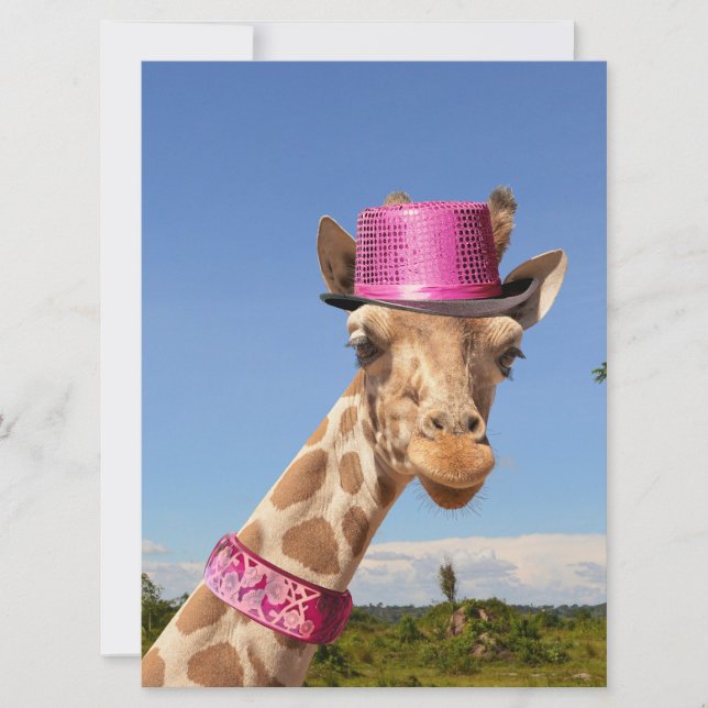 Giraffe in sparkly pink hat card (Front)