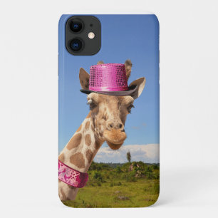 Giraffe in sparkly pink hat iPhone 11 case