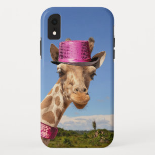 Giraffe in sparkly pink hat iPhone XR case