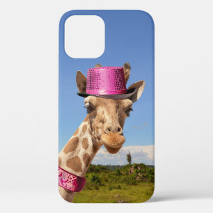Giraffe in sparkly pink hat iPhone 12 case