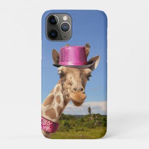 Giraffe in sparkly pink hat iPhone 11 pro case
