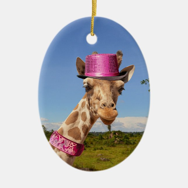 Giraffe in sparkly pink hat ceramic ornament (Front)