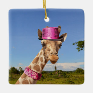 Giraffe in sparkly pink hat ceramic ornament