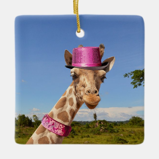 Giraffe in sparkly pink hat ceramic ornament (Front)