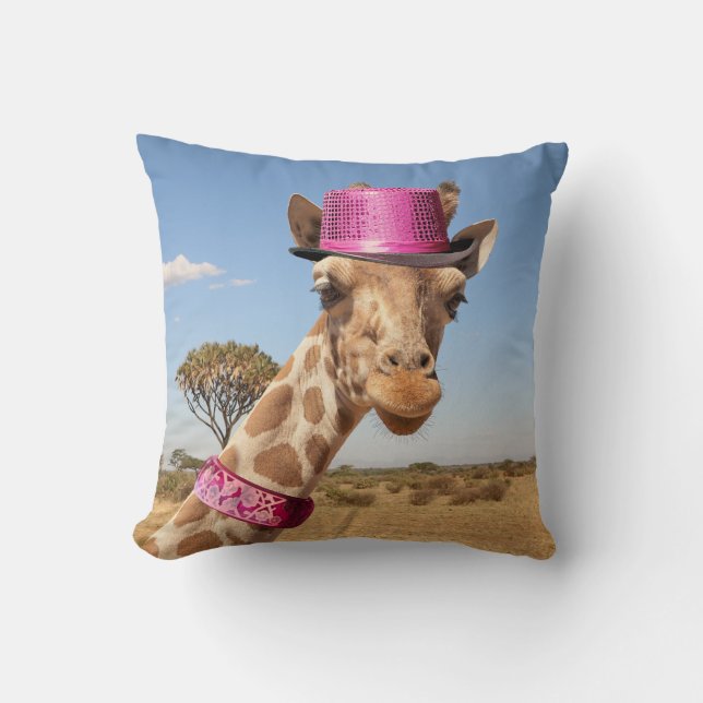 Giraffe in sparkly pink hat cushion (Front)