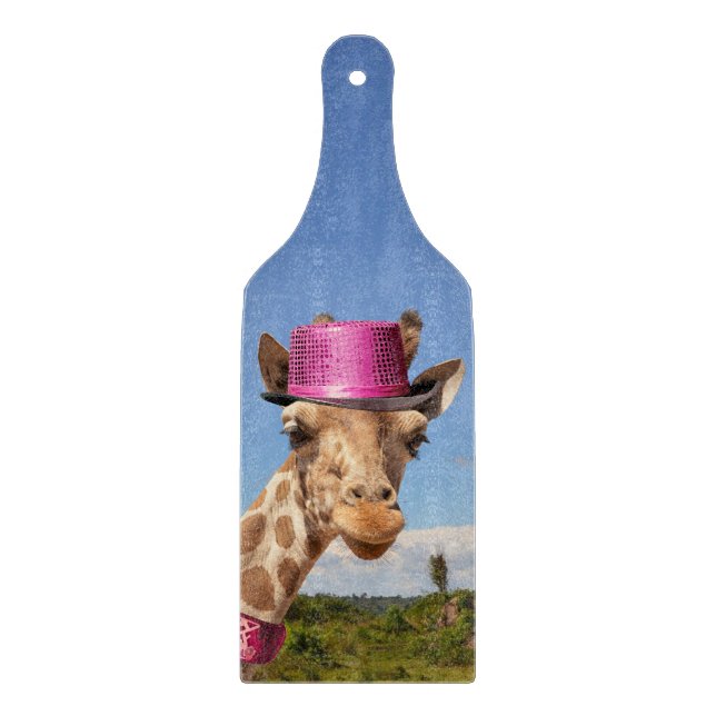 Giraffe in sparkly pink hat cutting board (Front)